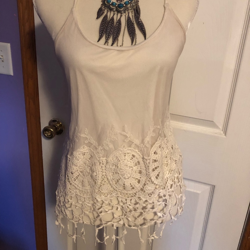 White boho tank with crochet fringe
